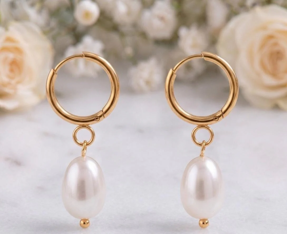 Freshwater Pearl Huggie Hoop Earrings – 18K Gold, Waterproof