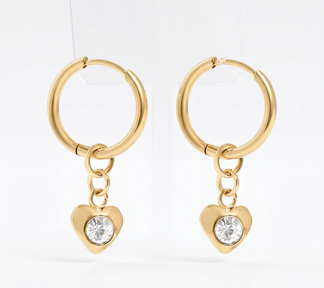 Heart Charm Huggie Earrings – 18K Gold, CZ Dangle, Hoop