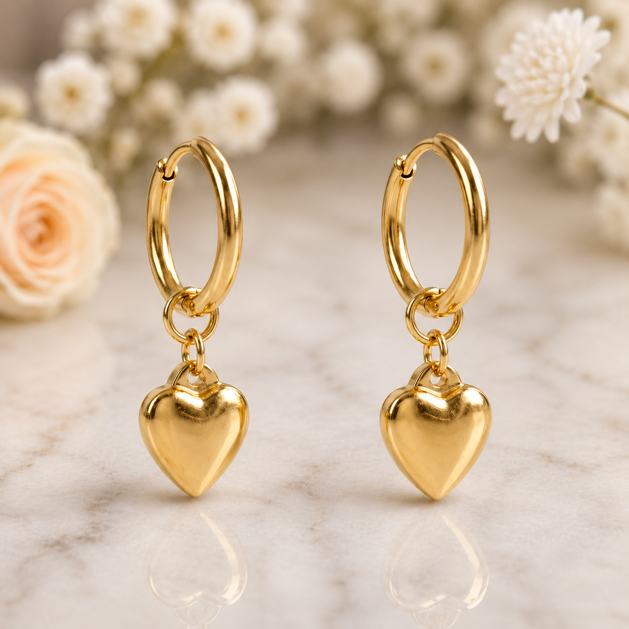 Heart Charm Huggie Hoop Earrings – 18K Gold, Waterproof
