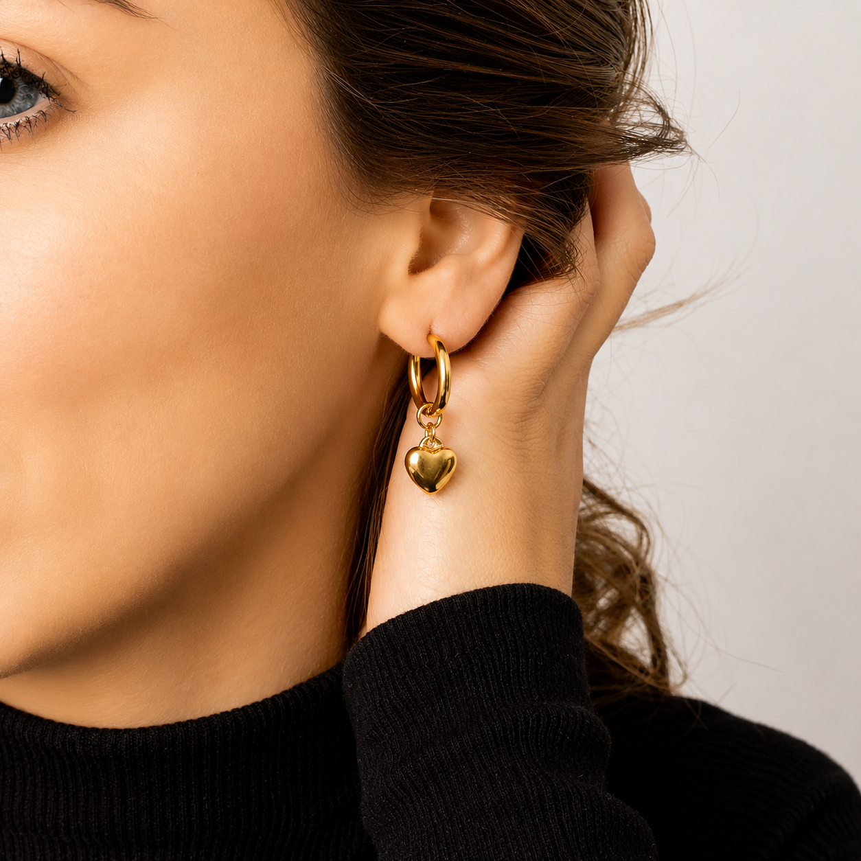 Heart Charm Huggie Hoop Earrings – 18K Gold, Waterproof