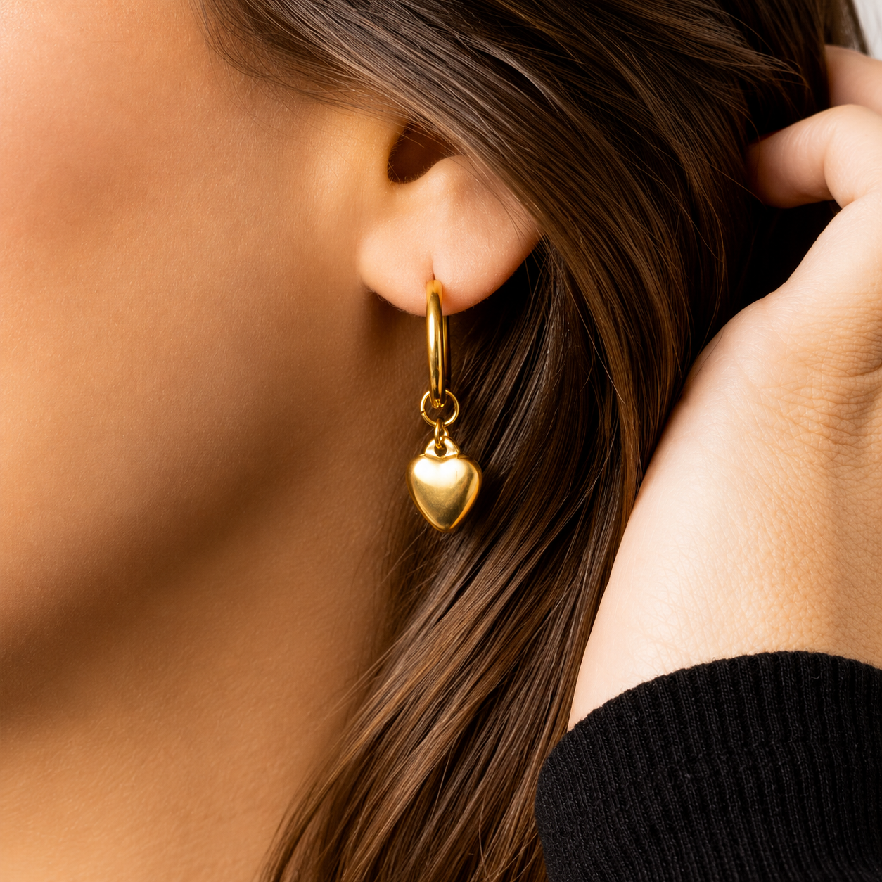 Heart Charm Huggie Hoop Earrings – 18K Gold, Waterproof