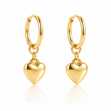 Heart Charm Huggie Hoop Earrings – 18K Gold, Waterproof