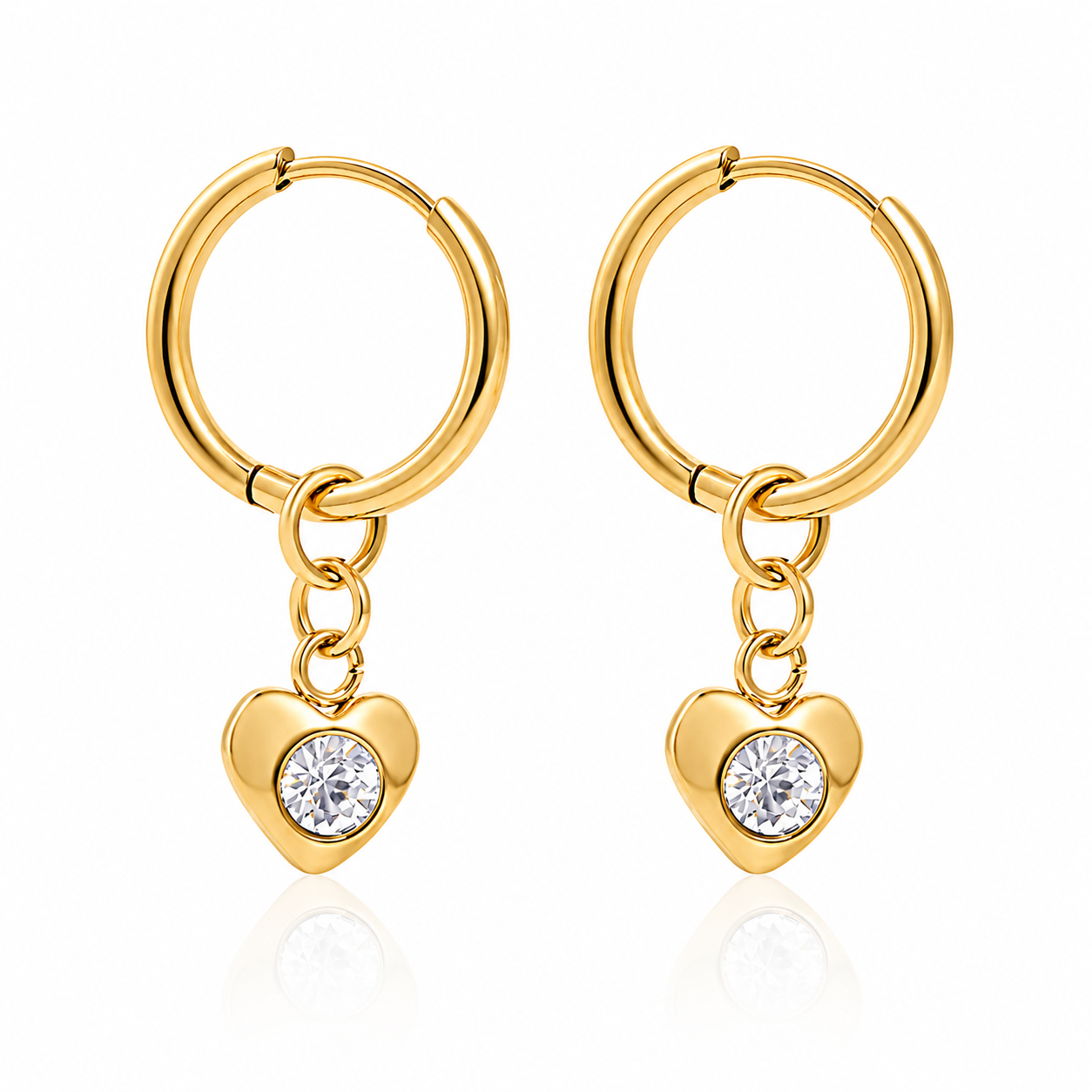 Heart Charm Huggie Earrings – 18K Gold, CZ Dangle, Hoop