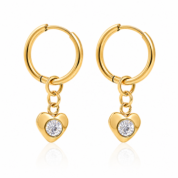 Heart Charm Huggie Earrings – 18K Gold, CZ Dangle, Hoop