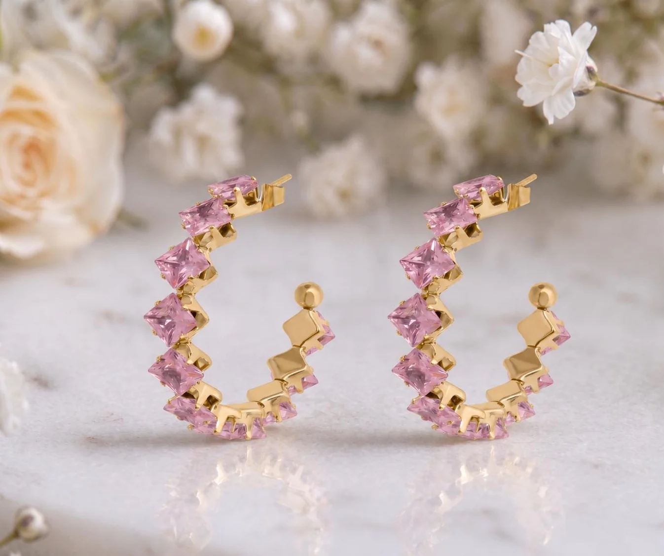 Pink Stone Hoop Earrings – 18K Gold, Hypoallergenic