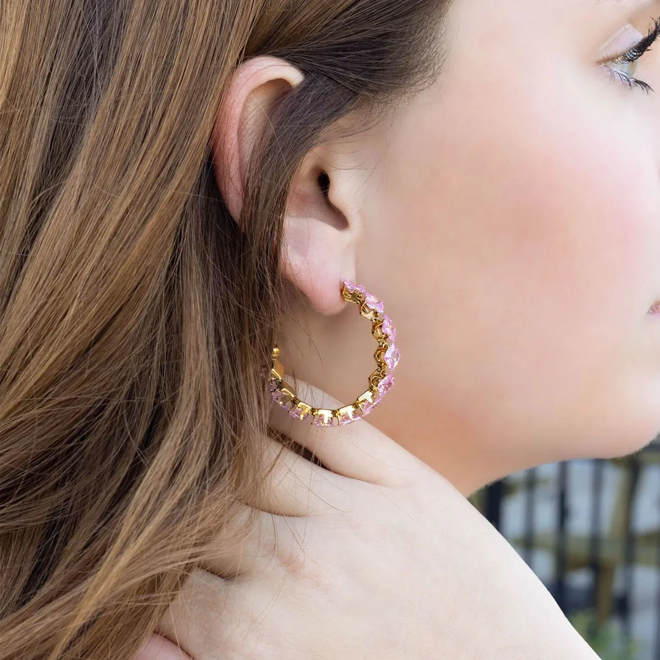 Pink Stone Hoop Earrings – 18K Gold, Hypoallergenic
