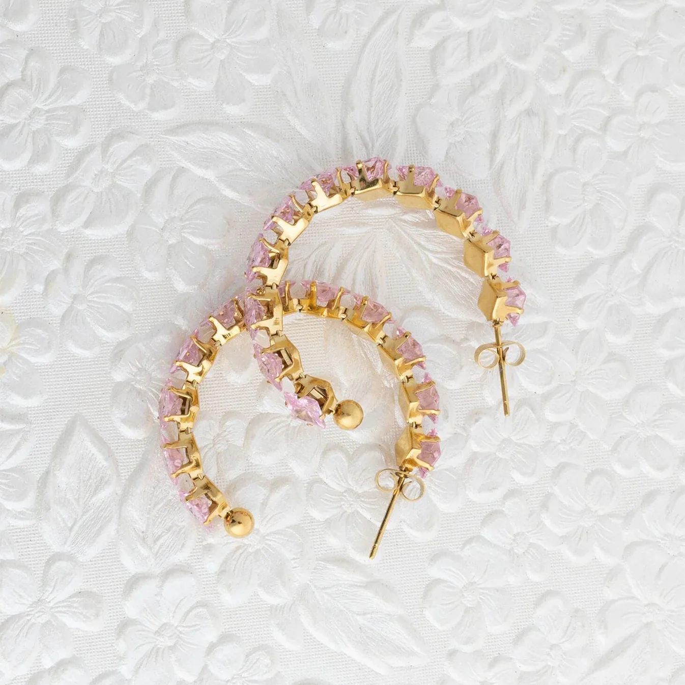 Pink Stone Hoop Earrings – 18K Gold, Hypoallergenic