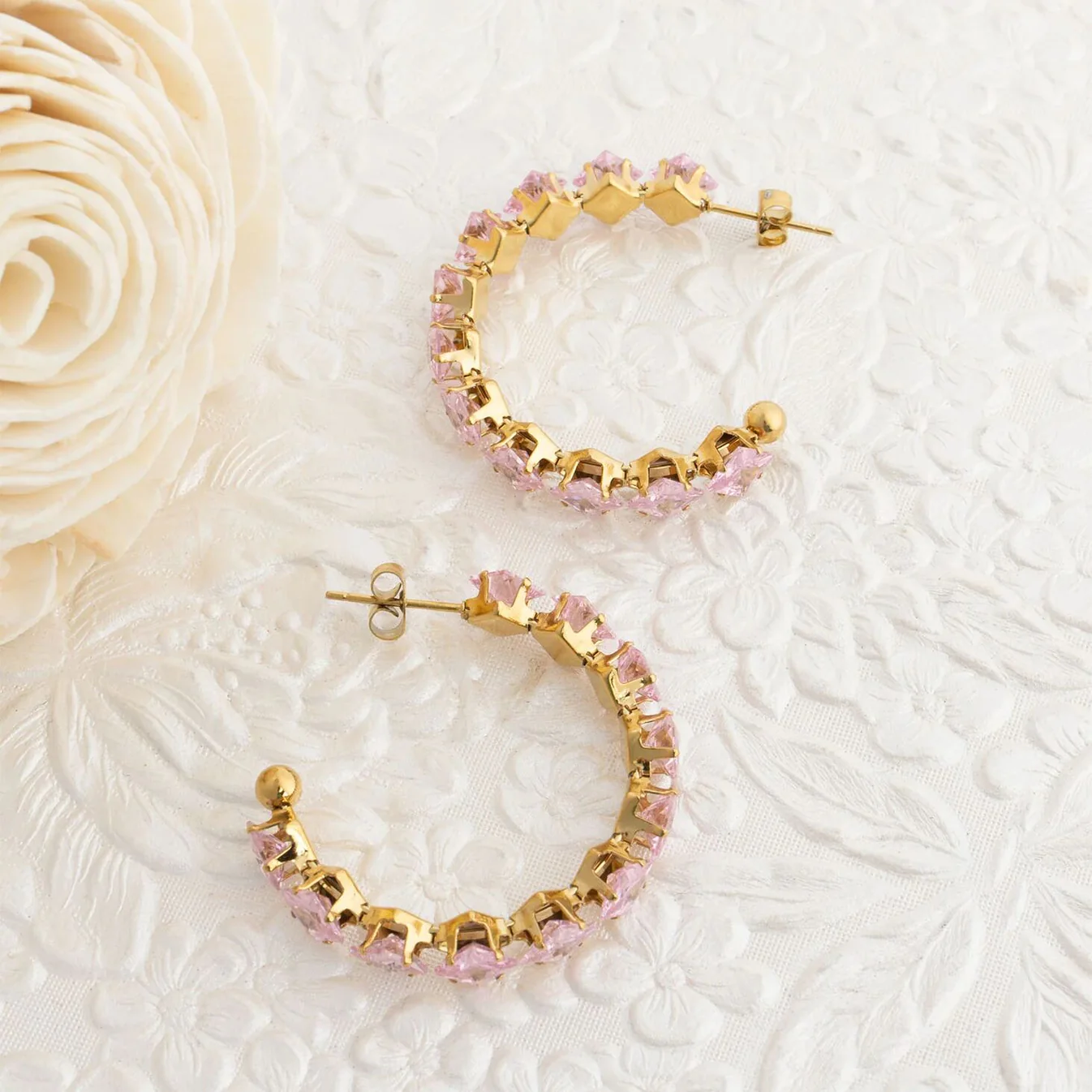 Pink Stone Hoop Earrings – 18K Gold, Hypoallergenic