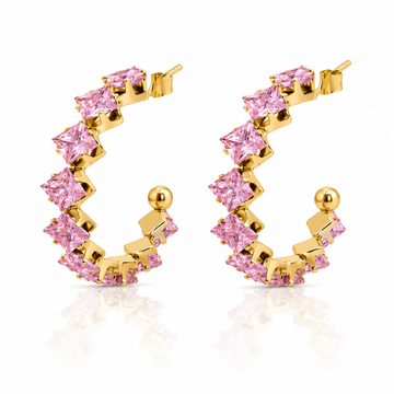 Pink Stone Hoop Earrings – 18K Gold, Hypoallergenic