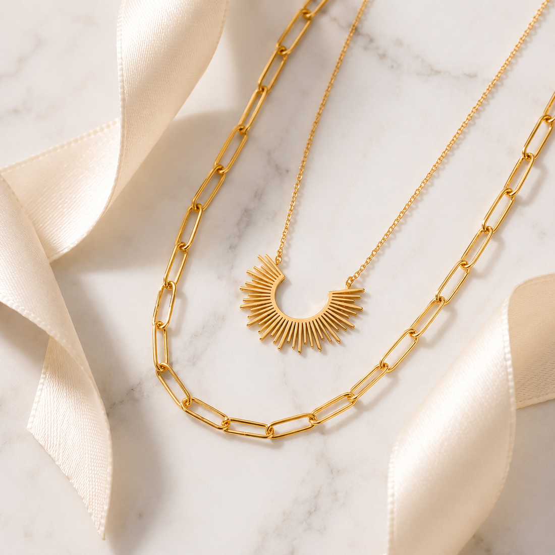 Sun Charm Layered Necklace – 18K Gold Paperclip Chain, Waterproof