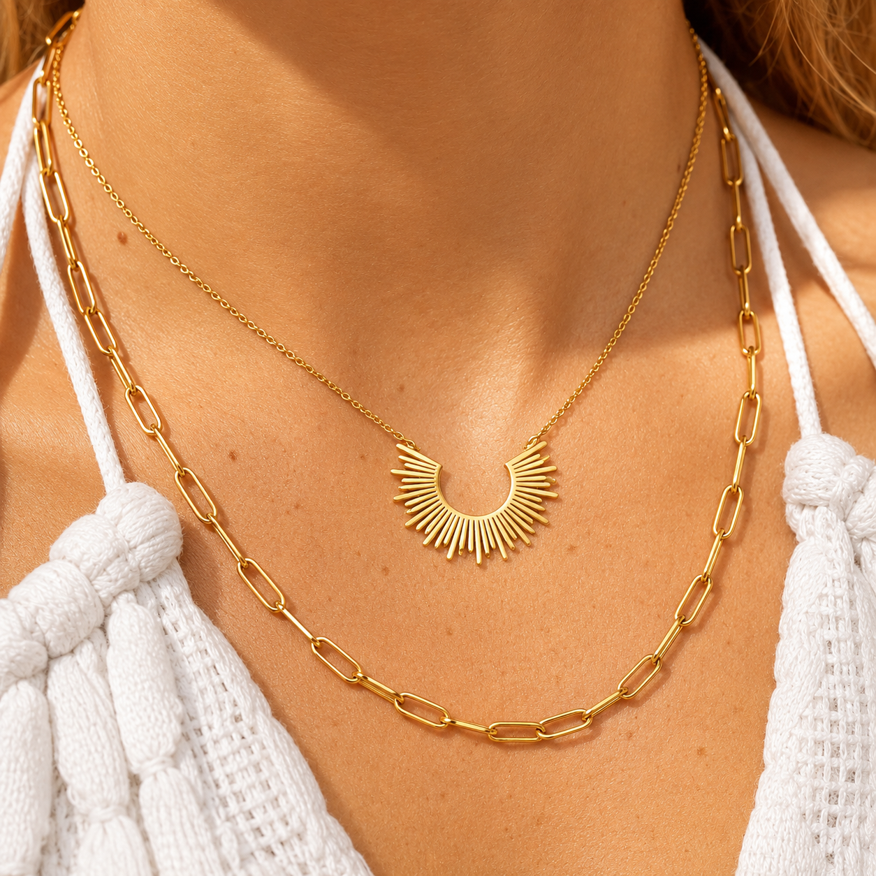 Sun Charm Layered Necklace – 18K Gold Paperclip Chain, Waterproof