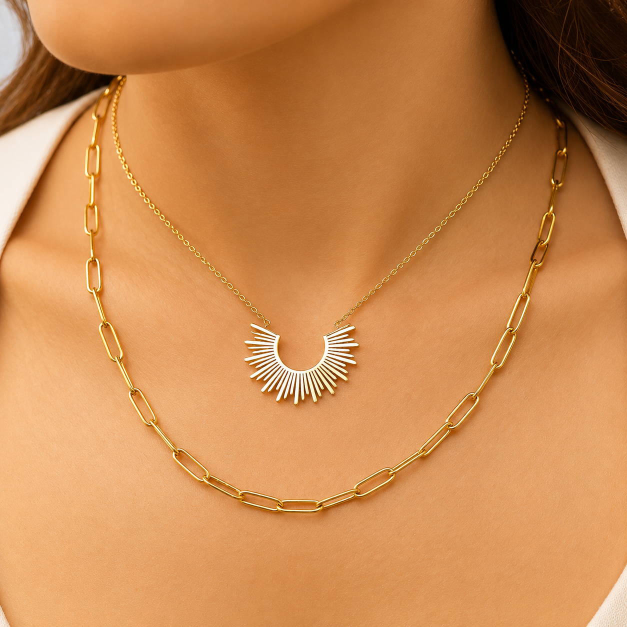 Sun Charm Layered Necklace – 18K Gold Paperclip Chain, Waterproof