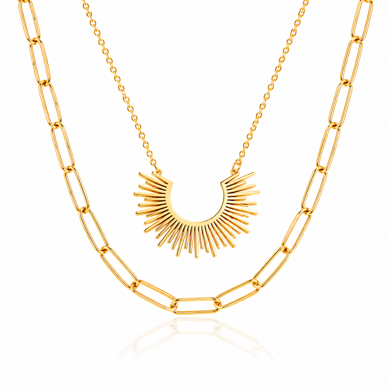 Sun Charm Layered Necklace – 18K Gold Paperclip Chain, Waterproof