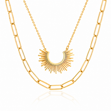 Sun Charm Layered Necklace – 18K Gold Paperclip Chain, Waterproof