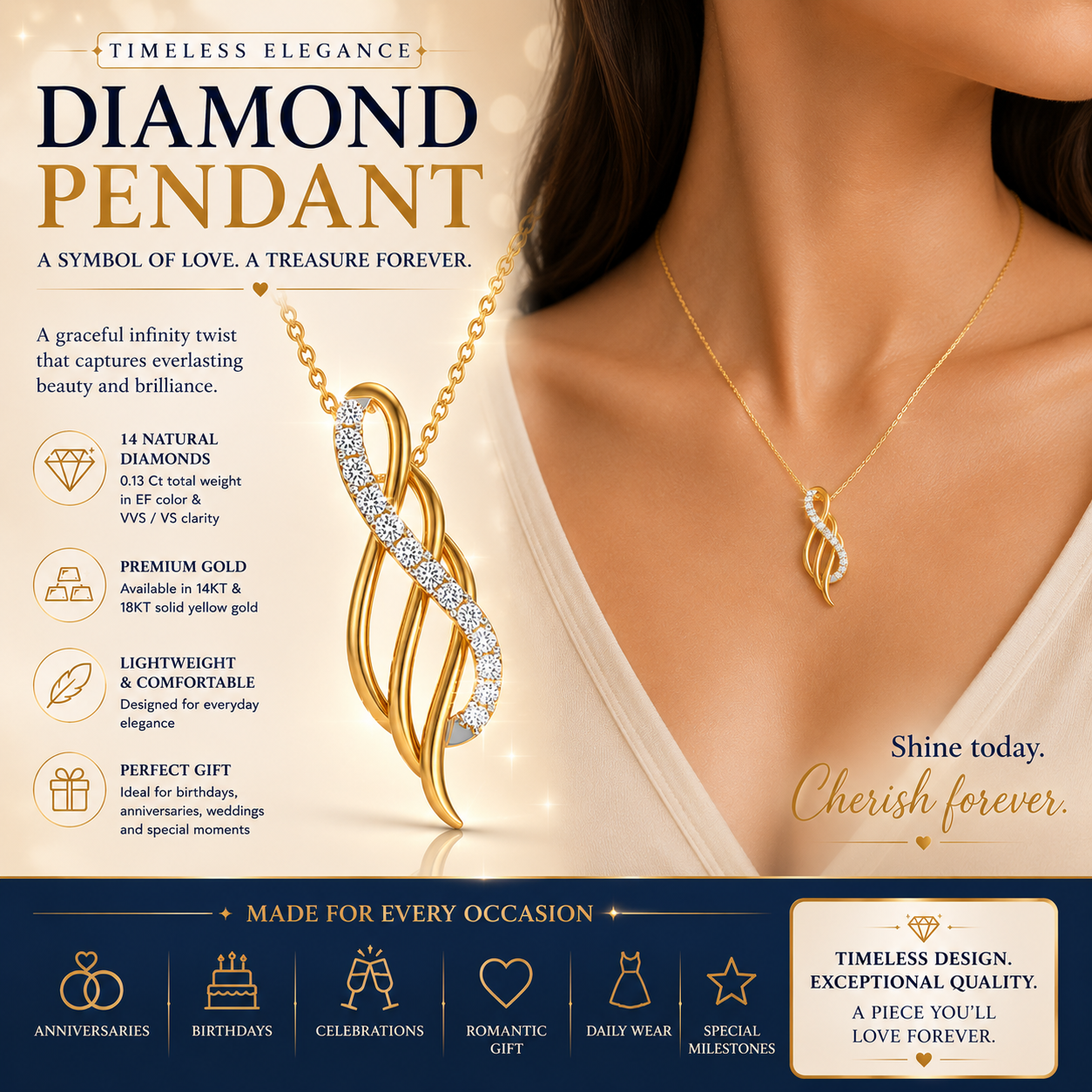 Diamond Infinity Twist Pendant in 18KT Yellow Gold